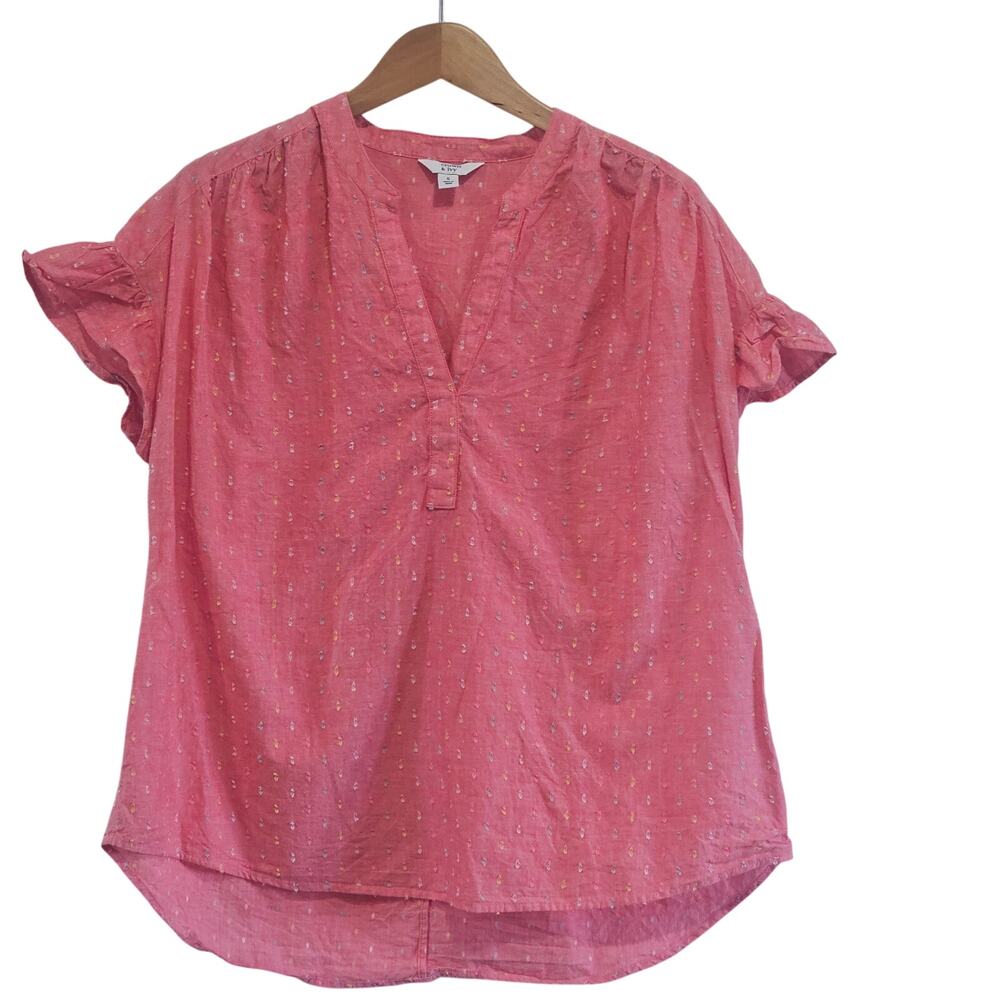 Crown & Ivey Women's Popover Shirt Size S Split Neck Short Flutter Sleeves Coral